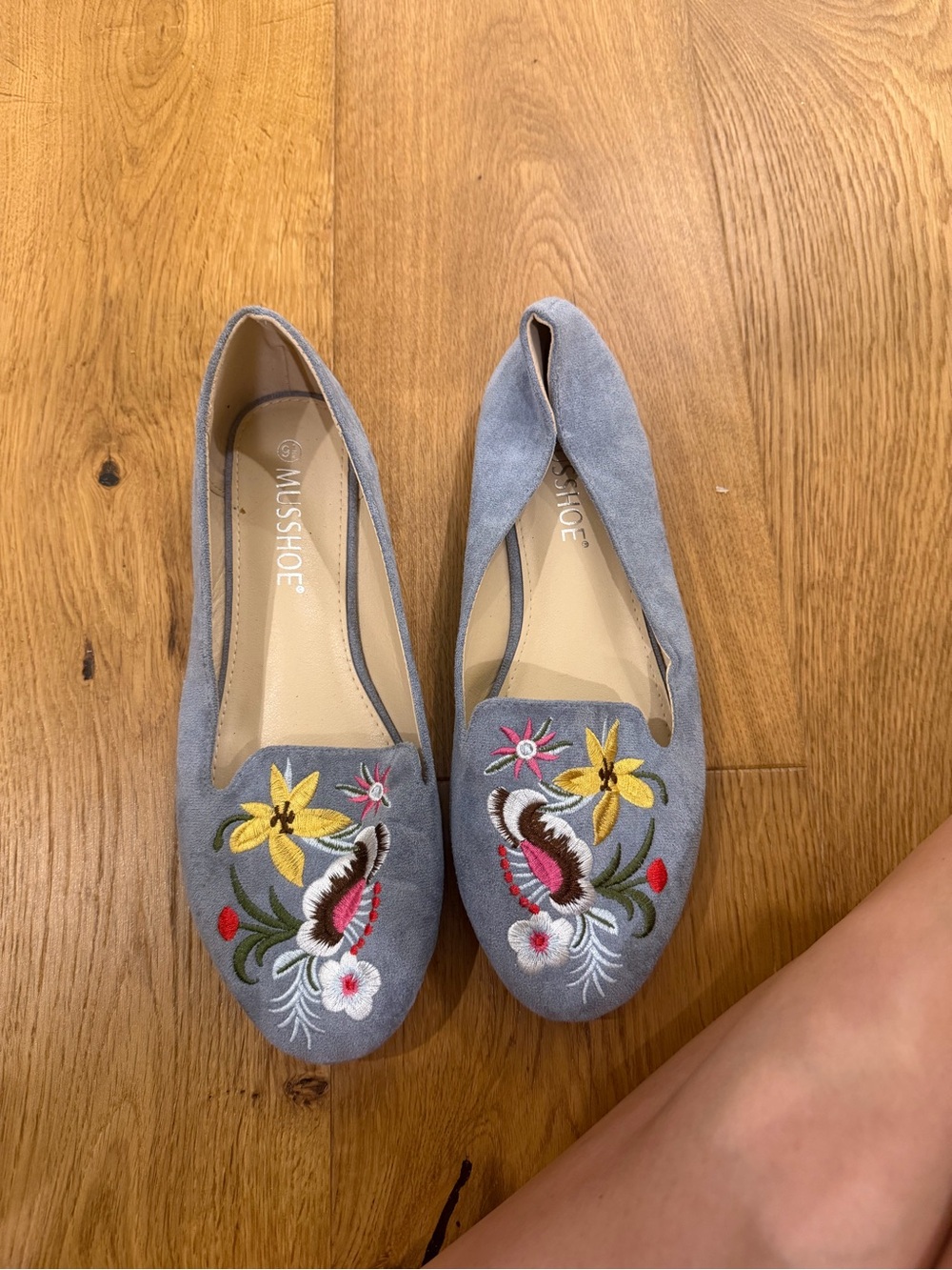 MISS SHOE Blue Embroidered Floral Loafers